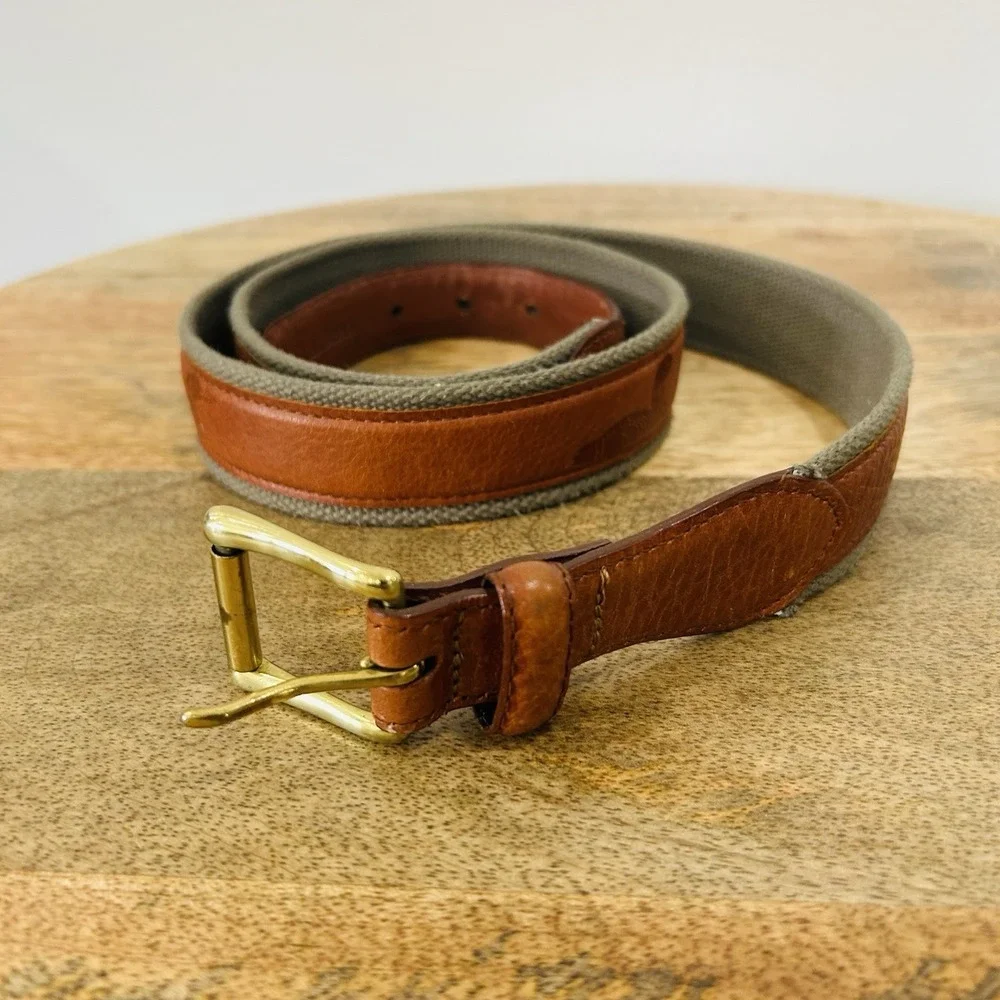 Vintage L.L. Bean Mens Field Belt Canvas Leather Duck Stamped Brass Buckle